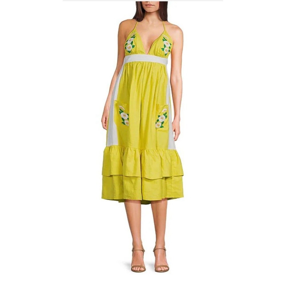 Fanm Mon Yamile Floral Embroidered Halter Tie Neck Midi Dress Size Small